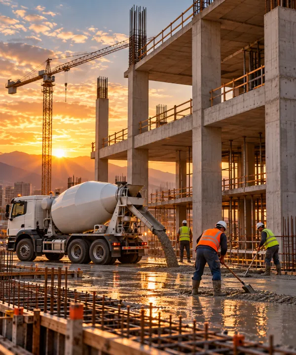 Edificio de concreto en construcción con un camión revolvedor descargando concreto