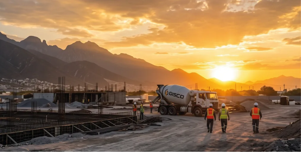 Camión revolvedor GISCO y trabajadores en obra al atardecer, con montañas al fondo