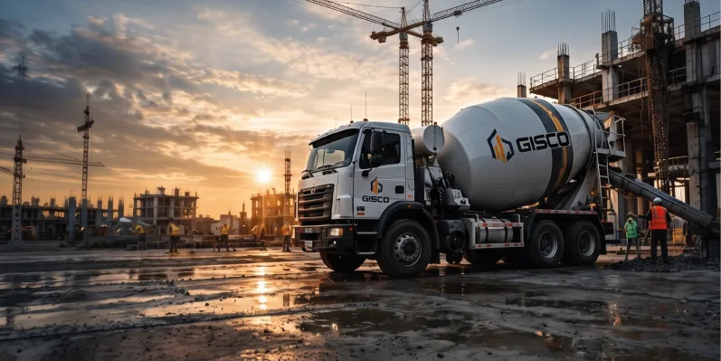Camión revolvedor GISCO en obra al atardecer, con grúas al fondo