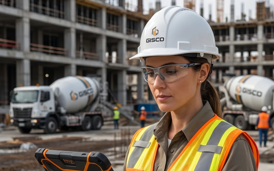 Ingeniera de GISCO con casco revisando planos en una tableta en obra
