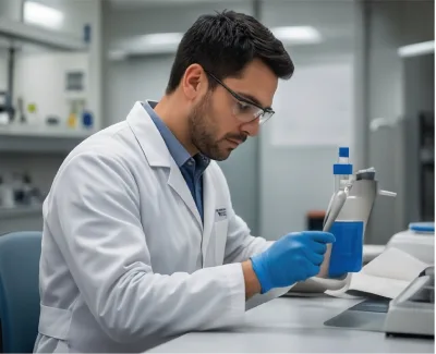 Técnico de laboratorio probando una muestra de concreto